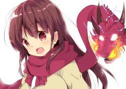Rule 34 | 1girl, :d, achiga school uniform, blush, bow, bowtie, brown hair, brown sweater, commentary, dragon, electricity, fading, female focus, fire, hair bobbles, hair ornament, leaning forward, light blush, long hair, matsumi kuro, open mouth, red bow, red bowtie, red eyes, red scarf, saki, saki (manga), saki achiga-hen, scarf, school uniform, simple background, smile, solo, sweater, tom q (tomtoq), upper body, white background