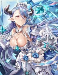 Rule 34 | 10s, 1girl, breasts, cleavage, draph, dress, gloves, granblue fantasy, hair between eyes, hair ornament, hat, himuro shunsuke, horns, izmir, large breasts, long hair, pointy ears, red eyes, solo, white gloves