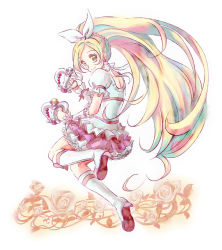 Rule 34 | 10s, 1girl, blonde hair, boots, bow, braid, choker, cure rhythm, earrings, fantastic belltier, frills, full body, green eyes, hair bow, jewelry, knee boots, long hair, magical girl, minamino kanade, precure, puffy sleeves, skirt, smile, solo, suite precure, suzunashi susumu, white background, white choker