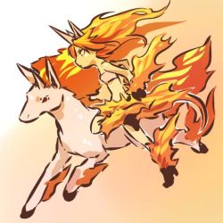 Rule 34 | 1990s (style), 1girl, animal ears, bandeau, bare shoulders, creatures (company), fiery hair, fiery tail, fire, game freak, gen 1 pokemon, gloves, hitec, horns, horse, long hair, moemon, nintendo, personification, pokemon, pokemon (creature), pokemon rgby, rapidash, red hair, retro artstyle, simple background, sleeveless, strapless, tail, tube top
