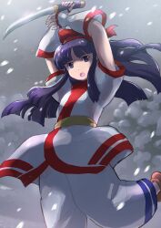 Rule 34 | 1girl, absurdres, ainu clothes, arms behind head, arms up, black hair, breasts, fingerless gloves, gloves, hair ribbon, highres, leg up, legs, long hair, looking down, nakoruru, open mouth, pants, ribbon, samurai spirits, small breasts, snk, snowing, solo, the king of fighters, thighs, weapon