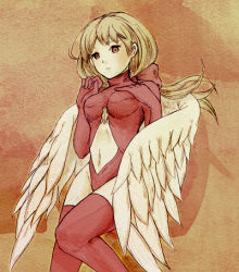 Rule 34 | 1girl, alma beoulve, angel wings, bad id, bad pixiv id, blonde hair, bodysuit, boots, braid, breasts, cleavage, cosplay, final fantasy, final fantasy tactics, gloves, leotard, long hair, lowres, medium breasts, ray090611, red leotard, solo, thigh boots, thighhighs, ultima (fft), ultima (fft) (cosplay), wings