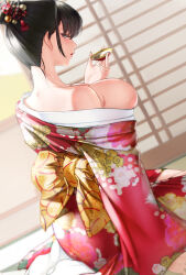 Rule 34 | 1girl, back turned, bare shoulders, black hair, breasts, cup, dutch angle, female focus, fingernails, from behind, grey eyes, highres, holding, holding cup, japanese clothes, kimono, large breasts, lips, lipstick, looking at viewer, looking back, makeup, original, profile, red kimono, ribbon, shisshou senkoku, shouji, sliding doors, solo, tabi, yellow ribbon