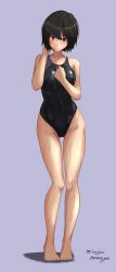Rule 34 | 1girl, absurdres, amagami, barefoot, black hair, black one-piece swimsuit, brown eyes, competition swimsuit, full body, gluteal fold, grey one-piece swimsuit, highleg, highres, looking at another, mitojyaneeeeyo, nanasaki ai, one-piece swimsuit, short hair, simple background, sweat, swimsuit, tight clothes, toes, two-tone swimsuit