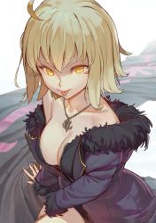 Rule 34 | 1girl, ahoge, blonde hair, breasts, cleavage, coat, fate/grand order, fate (series), fingernails, fur collar, hair between eyes, highres, jeanne d&#039;arc (fate), jeanne d&#039;arc alter (fate), jeanne d&#039;arc alter (ver. shinjuku 1999) (fate), jewelry, medium breasts, necklace, official alternate costume, purple coat, short hair, solo, timbougami, tongue, white background, wicked dragon witch ver. shinjuku 1999, yellow eyes