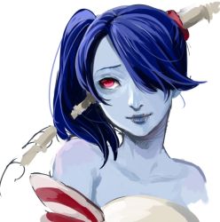 Rule 34 | 1girl, bare shoulders, blue hair, blue skin, colored skin, detached sleeves, hair over one eye, leviathan (skullgirls), lips, nose, red eyes, side ponytail, skullgirls, solo, squigly (skullgirls), stitched mouth, stitches, striped, striped sleeves, yuriyuri (ccc), zombie