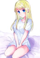 Rule 34 | 1girl, absurdres, bed sheet, between legs, blonde hair, blue eyes, earrings, fullmetal alchemist, hand between legs, highres, jewelry, long hair, looking at viewer, machi (xxx503r), naked shirt, shirt, short sleeves, simple background, sitting, smile, solo, white background, white shirt, winry rockbell