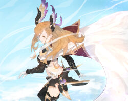 Rule 34 | 1girl, \||/, armor, artist name, backless outfit, black shorts, black thighhighs, blue sky, brown eyes, brown hair, cape, capelet, fishofthelakes, floating clothes, floating hair, gloves, granblue fantasy, hair ornament, highres, hood, hooded cape, long hair, long sleeves, parted lips, pauldrons, shorts, shoulder armor, sky, solo, thighhighs, tweyen (granblue fantasy), white capelet, white gloves