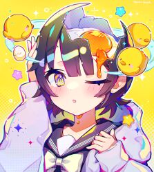 Rule 34 | 1girl, @ @, artist name, bird, blush stickers, bow, bowtie, broken egg, brown hair, chestnut mouth, chick, commentary, cracked egg, egg (food), egg yolk, eggshell, food, fried egg, highres, hood, hoodie, long sleeves, medium hair, multicolored eyes, natsu enoch, one eye closed, original, pain, parted lips, portrait, sailor collar, school uniform, seeing stars, solo, star (symbol), surreal, symbol-only commentary, white bow, white bowtie, white hoodie, yellow background, yellow theme
