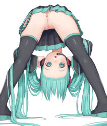 Rule 34 | 1girl, anus, ass, bent over, black footwear, black skirt, black sleeves, black thighhighs, boots, censored, cleft of venus, eyebrows, forehead, from behind, full body, green eyes, green hair, hands on headphones, has uncensored version, hatsune miku, headset, highres, kuroshiro00, legs, legs apart, long hair, looking back, looking through own legs, mosaic censoring, no panties, open mouth, pussy, simple background, skirt, solo, thigh boots, thighhighs, thighs, twintails, very long hair, vocaloid, white background