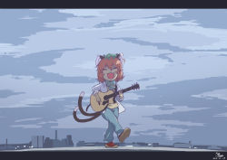Rule 34 | 1girl, acoustic guitar, alternate costume, animal ears, brown hair, casual, cat ears, cat tail, chen, guitar, hat, instrument, itsuki (kisaragi), multiple tails, nekomata, open mouth, solo, tail, touhou, two tails