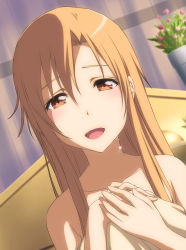 Rule 34 | 10s, 1girl, :d, afterglow, aftersex, asuna (sao), blush, brown eyes, brown hair, collarbone, covering privates, curtains, dutch angle, female focus, long hair, looking at viewer, nori tamago, nude cover, open mouth, plant, potted plant, smile, solo, sword art online, tears, upper body