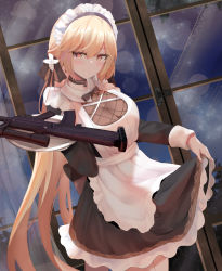 Rule 34 | 1girl, absurdres, assault rifle, blonde hair, breasts, bullpup, choker, closed mouth, clothes lift, cowboy shot, dress, dress lift, girls&#039; frontline, gun, hair ribbon, highres, holding, holding tray, indoors, long hair, looking at viewer, maid, maid headdress, night, ots-14 (girls&#039; frontline), ots-14 groza, ribbon, rifle, ru zhai, scope, solo, tray, very long hair, weapon, window, yellow eyes