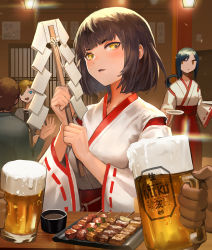 Rule 34 | 2boys, 2girls, alcohol, beer, beer mug, black hair, blue eyes, blue hair, blunt bangs, blush, bob cut, brown eyes, brown hair, canking, ceiling light, commentary request, cup, drooling, drunk, food, froth, gohei, hakama, hakama skirt, head tilt, holding, indoors, japanese clothes, kimono, long sleeves, looking at viewer, meat, miko, mug, multiple boys, multiple girls, original, plate, pov, red hakama, revision, ribbon-trimmed sleeves, ribbon trim, saliva, shide, short hair, skewer, skirt, tray, two-handed, upper body, waitress, white kimono, wide sleeves, yellow eyes