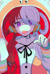 Rule 34 | 1girl, animal hood, bearkumachan, black ribbon, eyelashes, fingerless gloves, gloves, hair rings, headphones, highres, hood, hooded jacket, jacket, long sleeves, looking at viewer, multicolored hair, one piece, one piece film: red, outstretched arms, purple eyes, ribbon, shirt, solo, tongue, tongue out, two-tone hair, uta (one piece), white shirt, zipper, zombie pose