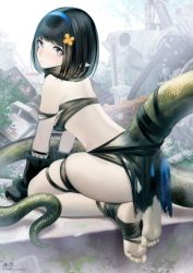Rule 34 | 1girl, arknights, artist name, backlighting, bandaged leg, bandages, barefoot, black gloves, black hair, black scarf, blue eyes, blunt bangs, bob cut, bright pupils, closed mouth, commentary request, eunectes (arknights), feet, from behind, full body, gloves, highres, kneeling, large tail, leaning forward, looking at viewer, looking back, outdoors, pale skin, pointy ears, revealing clothes, scarf, short hair, skindentation, snake tail, soles, solo, songchuan li, tail, toes, torn clothes