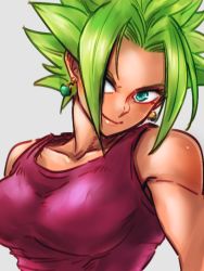 Rule 34 | 1girl, blonde hair, breasts, closed mouth, collarbone, commentary request, dragon ball, dragon ball super, earrings, fusion, grey background, hair over one eye, jewelry, kefla (dragon ball), kemachiku, looking at viewer, medium breasts, potara earrings, red shirt, shirt, smile, solo, spiked hair, super saiyan, tank top, toned, upper body