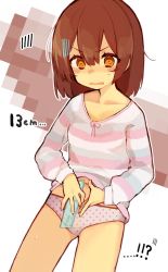 Rule 34 | !?, 1girl, @ @, blush, brown hair, censored, collarbone, commentary, copyright request, cowboy shot, engawa oishii, hair between eyes, highres, holding, long sleeves, measuring, medium hair, mosaic censoring, navel, no pants, open mouth, orange eyes, panties, polka dot, polka dot panties, ruler, shirt, simple background, solo, spoken blush, striped clothes, striped shirt, sweatdrop, symbol-only commentary, underwear, v-shaped eyebrows, white background
