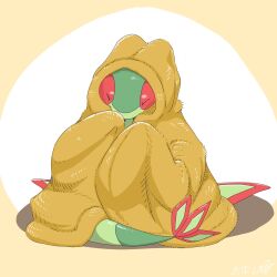 Rule 34 | 0bon, animal focus, blanket, brown background, closed eyes, closed mouth, colored skin, commentary request, creatures (company), flygon, game freak, gen 3 pokemon, green skin, highres, nintendo, no humans, pokemon, pokemon (creature), red trim, sitting, tail, two-tone background, under covers, white background
