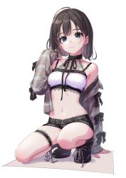 Rule 34 | 1girl, annindoufu (oicon), bare shoulders, black footwear, black hair, black shorts, blue eyes, boots, breasts, check copyright, choker, copyright request, crop top, expressionless, grey jacket, hand up, highres, jacket, lace trim, long sleeves, looking at viewer, medium breasts, midriff, navel, off shoulder, open clothes, open jacket, original, plaid, shirt, short hair, short shorts, shorts, simple background, skindentation, sleeveless, sleeveless shirt, solo, spaghetti strap, squatting, stomach, thigh strap, thighs, white background, white shirt