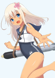 Rule 34 | 10s, 1girl, :d, absurdres, bare shoulders, blonde hair, blue eyes, crop top, crop top overhang, flower, hair flower, hair ornament, highres, kantai collection, long hair, looking at viewer, neckerchief, negishio, one-piece swimsuit, open mouth, outstretched hand, ro-500 (kancolle), sailor collar, school swimsuit, smile, solo, swimsuit, swimsuit under clothes, tan, tanline, torpedo