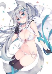 Rule 34 | 1girl, animal ears, aqua eyes, bare arms, bare shoulders, bikini, black gloves, black thighhighs, blush, breasts, cape, cat ears, cat girl, cat tail, cleavage, floating hair, front-tie bikini top, front-tie top, gloves, hair between eyes, hair ornament, highres, hood, hood down, hooded cape, large breasts, long hair, looking at viewer, navel, original, ponytail, ribbon, satsuki mayuri, side-tie bikini bottom, silver hair, smile, solo, swimsuit, tail, tail ornament, tail ribbon, thighhighs, thighs, tongue, tongue out, very long hair, w, white bikini, x hair ornament