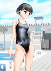 Rule 34 | 1girl, absurdres, black hair, black one-piece swimsuit, blue sky, brown eyes, cameltoe, clothes writing, cloud, commentary request, competition swimsuit, contrapposto, cowboy shot, day, facial hair, half updo, highres, lifeguard chair, looking to the side, one-piece swimsuit, original, outdoors, pubic stubble, short hair, sky, solo, standing, stubble, swimsuit, takafumi