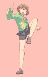 Rule 34 | 1girl, bike shorts, brown hair, female focus, fighting stance, loafers, open mouth, persona, persona 4, pink background, satonaka chie, shimazaki1152, shoes, short hair, simple background, skirt, solo, standing, standing on one leg