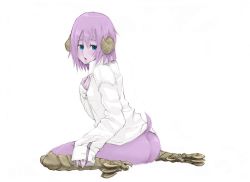 Rule 34 | 1girl, ass, bad id, bad pixiv id, blue eyes, blush, bottomless, claws, colored skin, horns, kneeling, monster girl, purple hair, purple skin, shirt, short hair, simple background, solo, tail, z-ton