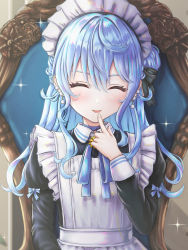 Rule 34 | 1girl, :d, ^ ^, apron, black dress, blue eyes, blue hair, blue ribbon, blush, closed eyes, dress, earrings, finger to mouth, finger to own chin, fingernails, hair bun, highres, hololive, hoshimachi suisei, jewelry, juliet sleeves, long hair, long sleeves, maid, maid apron, maid headdress, neck ribbon, open mouth, portrait, puffy sleeves, resolution mismatch, ribbon, side bun, single side bun, smile, solo, source larger, star (symbol), star in eye, symbol in eye, virtual youtuber, wajuniorbox, white apron