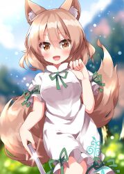 Rule 34 | 1girl, :d, animal ear fluff, animal ears, blurry, blurry background, blush, breasts, brown eyes, day, depth of field, fox ears, fox tail, glint, green ribbon, hair between eyes, hand up, highres, holding, holding test tube, kudamaki tsukasa, light brown hair, light particles, looking at viewer, medium breasts, neck ribbon, open mouth, outdoors, puffy short sleeves, puffy sleeves, ribbon, ruu (tksymkw), short sleeves, smile, solo, tail, test tube, touhou, white romper