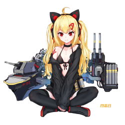 Rule 34 | 1girl, ahoge, animal ear headphones, animal ears, azur lane, bare shoulders, bikini, black bikini, black choker, black footwear, black jacket, black thighhighs, blonde hair, boots, breasts, cannon, cat ear headphones, cat ears, choker, closed mouth, collarbone, crossed legs, fake animal ears, front-tie bikini top, front-tie top, full body, hair ornament, hair ribbon, headphones, highres, jacket, long hair, long sleeves, looking at viewer, machinery, off shoulder, open clothes, open jacket, red eyes, red ribbon, ribbon, shibanme tekikumo, simple background, sitting, sleeves past wrists, small breasts, smile, solo, swimsuit, thighhighs, thighhighs under boots, torpedo, turret, two side up, v-shaped eyebrows, very long hair, white background
