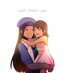 Rule 34 | 2girls, :d, ^ ^, aged down, ana (overwatch), artist name, beret, brown hair, captain amari, closed eyes, dark-skinned female, dark skin, dress, facial tattoo, hat, highres, hug, long hair, military hat, mother&#039;s day, mother and daughter, multiple girls, open mouth, overwatch, overwatch 1, pharah (overwatch), pink dress, smile, supershrimpcakes, tattoo