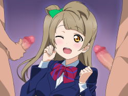 Rule 34 | 1girl, 2boys, blush, bow, bowtie, breasts, brown hair, censored, clothed female nude male, erection, eyebrows, hair ribbon, long hair, looking at another, love live!, love live! school idol project, minami kotori, mosaic censoring, multiple boys, nude, one eye closed, open mouth, penis, ribbon, school uniform, side ponytail, silver meteor, simple background, small breasts, solo focus, standing, upper body, yellow eyes
