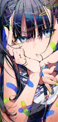 Rule 34 | 1girl, bandaid, bandaid on arm, bandaid on cheek, bandaid on face, black hair, blue eyes, commentary request, fingernails, green nails, hair between eyes, hair in own mouth, hair ornament, hairclip, hands up, head tilt, highres, jewelry, long hair, looking at viewer, mika pikazo, nail polish, original, parted lips, ring, solo, twintails, upper body, v