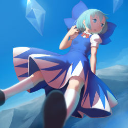 Rule 34 | 1girl, blue eyes, blue hair, blurry, bow, cirno, depth of field, detached wings, dress, female focus, foreshortening, from below, hair bow, hasukawa isaburou, highres, matching hair/eyes, open mouth, outdoors, puffy short sleeves, puffy sleeves, short hair, short sleeves, solo, touhou, wings