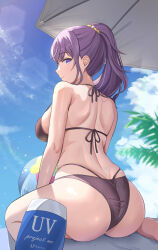 Rule 34 | 1girl, asahina mafuyu, ass, back, ball, beach umbrella, beachball, bikini, black bikini, breasts, closed mouth, cloud, commentary request, day, expressionless, from behind, high ponytail, large breasts, lens flare, long hair, looking at viewer, lotion, loulis 0115, outdoors, ponytail, project sekai, purple eyes, purple hair, sideboob, sidelocks, sitting, solo, sunscreen, swimsuit, umbrella, wariza