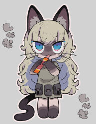 Rule 34 | 1girl, :3, animal ear fluff, animal ears, black ears, black tail, blonde hair, blue eyes, candy, cat, cat ears, cat girl, cat tail, ciao churu, colored skin, dress, eating, food, furry, furry female, green dress, grey background, grey skin, hair between eyes, highres, holding, holding food, long hair, looking up, messy hair, original, outline, pet food, short sleeves, siamese cat, solo, tail, terada tera, very long hair, white outline