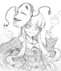Rule 34 | bow, bowtie, buttons, fire, hata no kokoro, highres, long hair, long sleeves, looking at viewer, mask, mask on head, monochrome, one-hour drawing challenge, plaid, plaid shirt, rivasan, shirt, sidelocks, smile, star (symbol), star button, touhou, traditional media, triangle button, white background