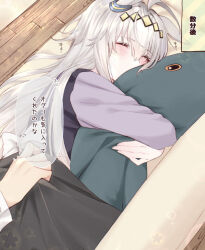Rule 34 | 1girl, 1other, ahoge, animal ears, back bow, blanket, blush, bow, closed eyes, closed mouth, commentary request, cowboy shot, ear ornament, grey hair, hair between eyes, hair ornament, highres, holding, holding stuffed toy, horse ears, horse girl, horse tail, hug, long hair, long sleeves, multicolored hair, oguri cap (umamusume), pleated skirt, purple serafuku, purple shirt, purple skirt, sailor collar, school uniform, serafuku, shirt, simple background, skirt, sleeping, solo focus, speech bubble, streaked hair, stuffed toy, tail, tetora (oudonoishiize), trainer (umamusume), translation request, umamusume, white background, white bow