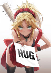 Rule 34 | 1girl, alternate costume, apron, bare shoulders, black bra, black panties, black thighhighs, blonde hair, blush, bra, bracelet, cowboy shot, fang, fate/apocrypha, fate (series), green eyes, hair ornament, hair scrunchie, highres, holding, holding paper, holding weapon, jewelry, long hair, mordred (fate), panties, paper, parted bangs, ponytail, red apron, red scrunchie, scrunchie, thighhighs, tonee, underwear, weapon