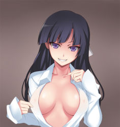 Rule 34 | 10s, 1girl, black hair, breasts, brown background, center opening, cleavage, fangs, grin, hevn, kakumeiki valvrave, long hair, long sleeves, looking at viewer, nipples, open clothes, open shirt, purple eyes, rukino saki, see-through, shirt, simple background, smile, solo, spoilers, teeth, upper body