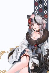 Rule 34 | 1girl, animal print, anizi, asymmetrical hair, black bow, black choker, black hair, black kimono, blunt bangs, blush, bow, braid, breasts, choker, cleavage, collarbone, commentary request, dagger, fang, feet out of frame, flower, flower knot, french braid, fur scarf, furisode, hair bow, hair bun, hair flower, hair ornament, hair stick, highres, hololive, japanese clothes, kimono, knife, looking at viewer, medium breasts, medium hair, multicolored hair, official alternate costume, open mouth, red eyes, rope, sakamata chloe, sakamata chloe (new year), sarashi, seigaiha, side bun, sidelocks, silver hair, simple background, single braid, single hair bun, single side bun, sitting, solo, streaked hair, tassel, thigh strap, thighs, two-tone hair, two-tone kimono, virtual youtuber, weapon, white background, white kimono, wide sleeves