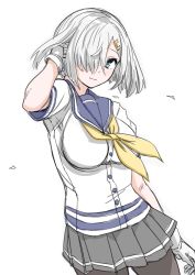 Rule 34 | 1girl, 30-06, black pantyhose, blue eyes, blue sailor collar, breasts, closed mouth, gloves, grey skirt, hair ornament, hair over one eye, hairclip, hamakaze (kancolle), hand in own hair, highres, kantai collection, large breasts, looking at viewer, neckerchief, pantyhose, pleated skirt, sailor collar, school uniform, serafuku, short hair, short sleeves, simple background, skirt, solo, white background, white gloves, yellow neckerchief