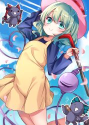 Rule 34 | 1girl, 2channel, alternate costume, animal ears, apron, arm behind head, arm cannon, blue sky, braid, cat ears, closed mouth, cloud, commentary, contrail, crowbar, green eyes, green hair, hat, hat ribbon, heart, heart of string, highres, holding, holding crowbar, kaenbyou rin, kaenbyou rin (cat), looking at viewer, medium hair, meimei (meimei89008309), pink headwear, red ribbon, reiuji utsuho, reiuji utsuho (bird), ribbon, sky, smile, third eye, touhou, twin braids, weapon, wings, yellow apron