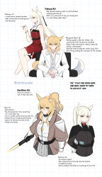 Rule 34 | 2girls, alternate costume, animal ears, arknights, bare arms, bare shoulders, blonde hair, cigarette, commentary, cropped torso, dress, energy sword, english commentary, grey jacket, highres, holding, holding cigarette, holding lightsaber, horse ears, jacket, lightsaber, multiple girls, multiple views, nearl (arknights), pants, platinum (arknights), ponytail, red dress, short dress, sleeveless, sleeveless dress, star wars, supershrimpcakes, sword, upper body, weapon, white background, white hair, white jacket, white pants, yellow eyes