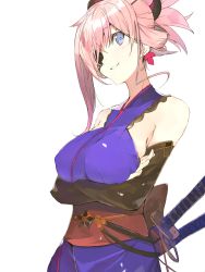 Rule 34 | 1girl, bare shoulders, blue eyes, crossed arms, detached sleeves, earrings, fate/grand order, fate (series), grin, hair ornament, highres, jewelry, katana, miyamoto musashi (fate), miyamoto musashi (first ascension) (fate), pink hair, pisuta (yamashiro), sash, shaded face, sleeveless, smile, solo, sword, weapon