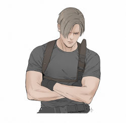 Rule 34 | 1boy, ashley swidowski, belt, blonde hair, blue eyes, crossed arms, gloves, leon s. kennedy, male focus, muscular, muscular male, parted bangs, resident evil, resident evil 2, resident evil 4, shirt, short hair, solo, t-shirt, white background