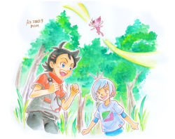 Rule 34 | 2boys, antenna hair, black hair, blue eyes, brown eyes, celebi, clenched hands, creatures (company), eye contact, fanny pack, forest, game freak, gen 2 pokemon, goh (pokemon), highres, horace (pokemon), legendary pokemon, looking at another, medium request, motion lines, multiple boys, mythical pokemon, nature, nintendo, open mouth, outstretched arms, pokemon, pokemon (anime), pokemon (creature), pokemon journeys, shirt, short hair, teeth, undershirt, upper teeth only, white hair