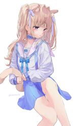 1girl angry animal_ears blonde_hair blouse blue_choker blue_eyes blue_ribbon blue_skirt blunt_bangs cat_ears cat_girl cat_tail choker closed_mouth extra_ears hair_intakes hair_ribbon highres holding_own_tail lace-trimmed_choker lace_trim long_hair long_sleeves looking_to_the_side momochichi_r original paw_print pleated_skirt puffy_long_sleeves puffy_sleeves ribbon sailor_collar shirt simple_background sitting skirt sleeves_past_wrists solo suspender_skirt suspenders tail tears twitter_username two_side_up v-shaped_eyebrows white_background white_sailor_collar